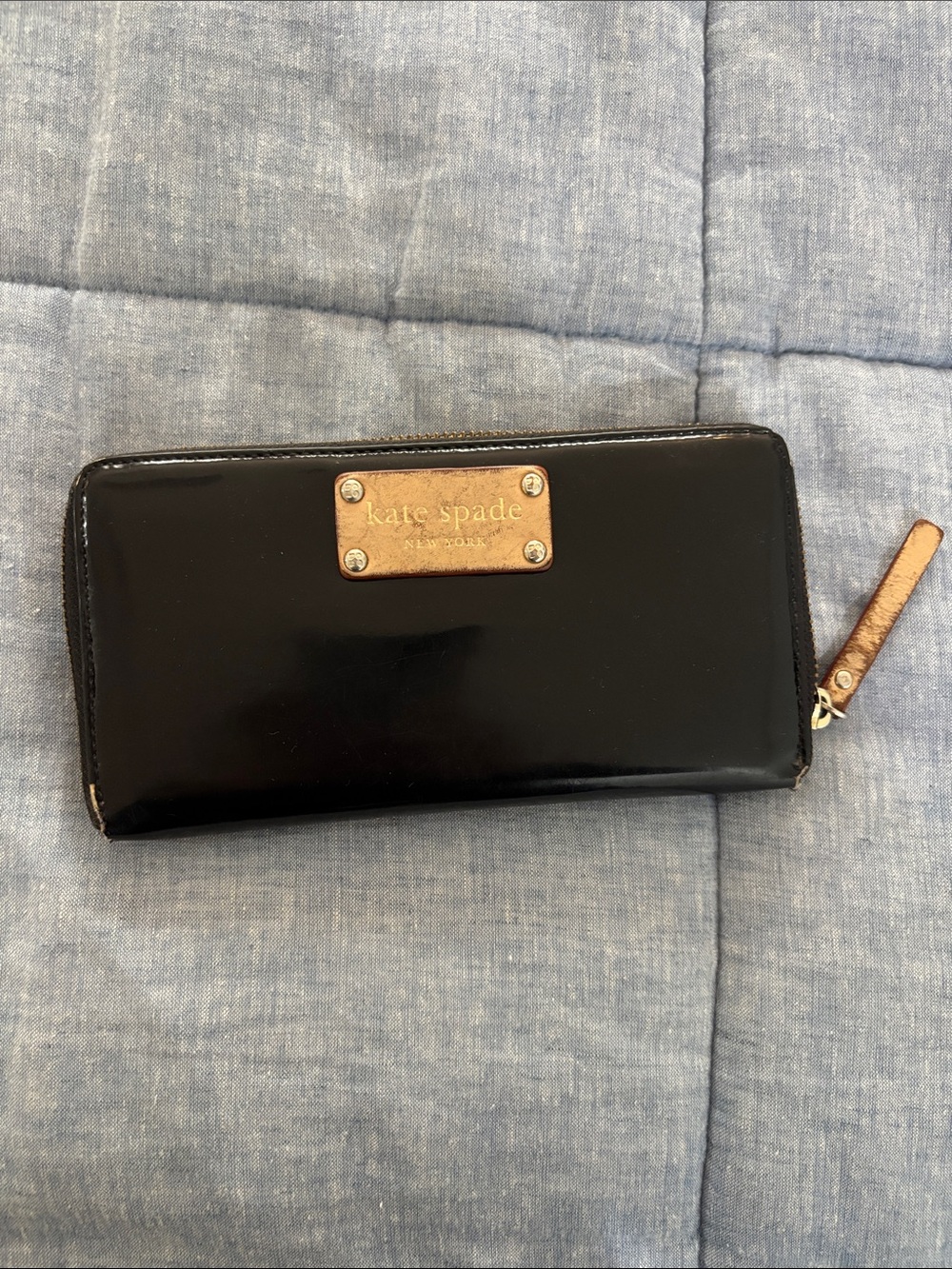 kate spade Black Patent Leather Zip Wallet with Gold Plate
